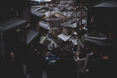 black, gray, computer tower, person, human, roof, crowd, people, nature, japan, dark, asia, shadow, clouds, temples, stairs, crowded, religion, japanese architecture, kyoto, metropolis, urban, building, built structure, architecture, building exterior, city, group of people, real people, women, belief, spirituality, hanging, place of worship, street, lifestyles, men, outdoors, 5K, CC0, public domain, royalty free