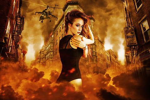 fantasie, brand, rook, gebouw, straat, actie, vlammen, helikopter, dystopische werelden, apocalyptische, vrouw, meisje, schoonheid, jong, model-, samengesteld, boekomslag, actie filmposter, een persoon, jonge volwassene, jonge vrouwen, levensstijlen, echte mensen, portret, vooraanzicht, kijkend naar de camera, volwassen, vrijetijdsbesteding, mooie vrouw, ingebouwde structuur, casual kleding, architectuur, mode, nacht, digitale composiet, 4K, CC0, publiek domein, royaltyvrij