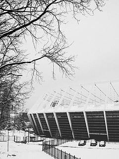 bygning, arkitektur, struktur, konstruktion, formation, abstrakt, stadion, stof, ballpark, atletisk felt, objekt, Kiev, baggrund, ukraine, sort, hvid, væg, vinduer, hus, kold temperatur, sne, vinter, træ, himmel, natur, bare træ, plante, dag, bygget struktur, ingen mennesker, bygning udvendig, dækker, miljø, udendørs, transportmidler, Frosset, transportform, sner, 4K, CC0, offentligt domæne, royaltyfrie
