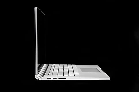 surface book, microsoft, open, page, technology, laptop, computer, black and white, tablet, notebook, usb connection, keyboard, touchpad, mirroring, style, modern, wireless technology, communication, connection, indoors, copy space, black background, no people, computer equipment, close-up, dark, computer keyboard, portable information device, studio shot, darkroom, computer monitor, computer key, blank, global communications, 4K, CC0, public domain, royalty free