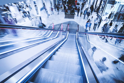 view, escalators, shopping center, motion, architecture, city, blurred motion, city life, transportation, escalator, built structure, modern, speed, group of people, commuter, on the move, crowd, large group of people, staircase, building, activity, travel, long exposure, outdoors, abstract, 2K