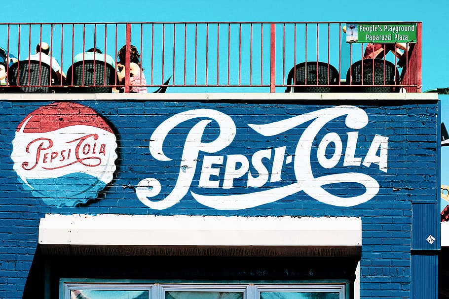 Pepsi-Cola mural, restaurant, menjar, Estats Units, illa coney, signe, edifici, tipografia, Pepsi, cola, pepsi-cola, guió, blau, tipus, Parc d'atraccions, activitats de lleure, balcó, refresc, cel, text, comunicació, arquitectura, estructura construïda, guió occidental, dia, exterior de l'edifici, informació, cap gent, a l'aire lliure, lletra majúscula, script no occidental, nombre, metall, signe d'informació, manera de transport, 4K