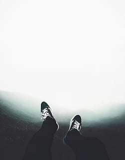 person, wearing, black, pants, human leg, low section, personal perspective, body part, human body part, shoe, one person, real people, copy space, lifestyles, nature, leisure activity, day, sky, unrecognizable person, outdoors, land, standing, human limb, human foot, 2K, CC0, public domain, royalty free