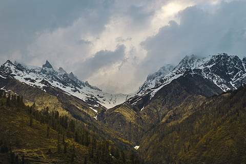 snowcapped mountains, adventure, cold, landscape, mountain, nature, outdoors, scenic, snow, scenics - nature, cold temperature, beauty in nature, winter, mountain range, sky, cloud - sky, snowcapped mountain, tranquil scene, environment, tranquility, non-urban scene, no people, idyllic, day, mountain peak, coniferous tree, formation, 5K, CC0, public domain, royalty free