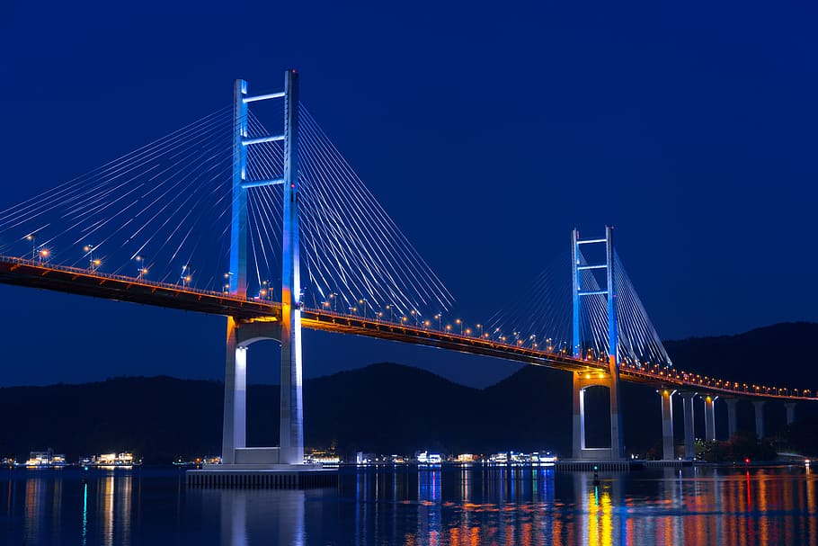 ponte, pier, Ponte estaiada, postar, mar, visão noturna, ponte machang, conexão, estrutura construída, ponte - estrutura feita pelo homem, agua, noite, transporte, iluminado, arquitetura, destinos de viagem, Engenharia, céu, Ponte suspensa, reflexão, cidade, natureza, viagem, azul, ao ar livre, baía, arranha-céu, 5K