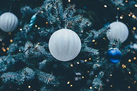babiole blanche, Noël, fête, vacances, décoration de Noël, Sapin de Noël, arbre, décoration, lumières de Noël, fermer, événement de vacances, personne, sphère, événement de célébration, illuminé, pendaison, un événement, à l'intérieur, 4K, CC0, domaine public, libre de droits