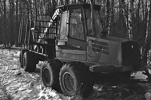 tractor, felling trees, work, forest, tree, wood, nature, lumberjack, winter, machine, tractors, mode of transportation, land vehicle, land, transportation, day, field, plant, stationary, bulldozer, no people, snow, construction industry, wheel, outdoors, machinery, tire, 4K, CC0, public domain, royalty free