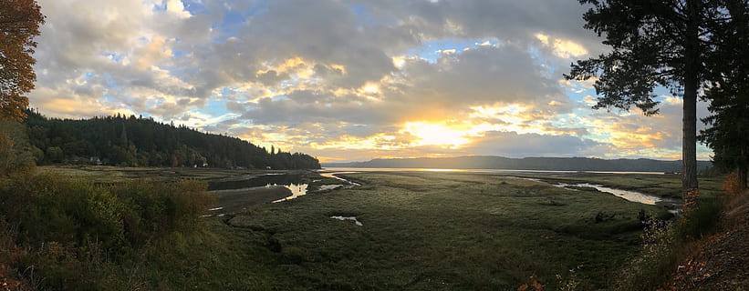 landscape, sunrise, panoramic, nature, outdoors, scenic, water, shore, summer, scenery, natural, scene, estuary, marshland, coastal, morning, dawn, clouds, sky, cloud - sky, scenics - nature, tranquil scene, tranquility, beauty in nature, sunset, plant, environment, tree, sunlight, no people, land, non-urban scene, grass, field, 2K, CC0, public domain, royalty free