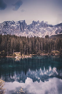 lac Karersee, aventure, du froid, conifère, Aube, les dolomites, environnement, à feuilles persistantes, Italie, Karersee, Montagne, la nature, réflexion, paysage, scénique, neige, tyrol du sud, des arbres, eau, hiver, les bois, beauté dans la nature, paysages - nature, tranquillité, scène tranquille, arbre, Lac, ciel, température froide, scène non urbaine, chaîne de montagnes, front de mer, idyllique, personne, montagne au sommet enneigé, 5K, CC0, domaine public, libre de droits