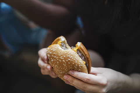 person, holding, bitt, burger, bite, uklarhet, osteburger, dagslys, nydelig, spise~~POS=TRUNC, middag, spiser, hurtigmat, mat, søppelmat, lunsj, måltid, stilleben, hånd, mat og Drikke, menneskelig hånd, én person, menneskelig kroppsdel, nærbilde, friskhet, fokusere på forgrunnen, midsection, brød, kjøtt, selektiv fokusering, usunn mat, innendørs, livsstil, matbit, bolle, hamburger, finger, 4K, CC0, offentlig domene, opphavsrett gratis