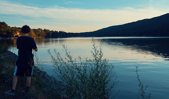 trees, lake, forest, nature, water, waterfall, plants, mountains, mountain, sunrise, sunset, shilloute, outdoors, galaxy, space, stars, cloud, skies, skyline, ocean, sky, real people, beauty in nature, scenics - nature, one person, lifestyles, standing, tranquility, tranquil scene, non-urban scene, rear view, cloud - sky, leisure activity, reflection, looking at view, 4K, CC0, public domain, royalty free