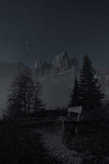 empty, bench, night time, conifer, dawn, desktop wallpaper, evergreen, fog, HD wallpaper, landscape, moon, mountain, nature, outdoors, scenic, starry, starry night, starry night sky, stars, trees, wallpaper, winter, sky, night, star - space, tree, plant, tranquility, tranquil scene, beauty in nature, scenics - nature, land, no people, space, field, astronomy, star, idyllic, seat, environment, 5K, CC0, public domain, royalty free