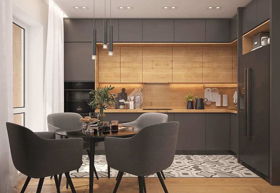 cuina, loft, estil estricte, disseny d'interiors, projecte de disseny, apartament, interior, autorització, mobles, 3d, disseny, dissenyador d'interiors, habitació domèstica, casa, a l'interior, planta en test, interior de casa, cap gent, planta, taula, seient, sòls, absència, interior de l'aparador, entrada, equipament per a la llar, cadira, pica, arquitectura, porta, naturalesa, sòl de rajoles, 2K