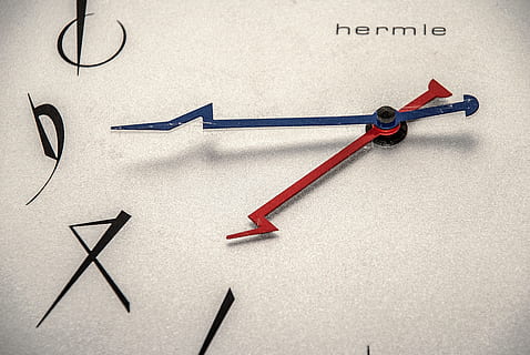 clock, time, text, paper, no people, indoors, studio shot, communication, close-up, pencil, western script, pen, minute hand, scissors, business, clock hand, thumbtack, still life, arrow symbol, red, clock face, message, 2K, CC0, public domain, royalty free