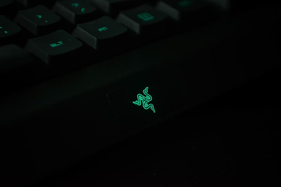 teclat, teclat d’ordinador, electrònica, ordinador, maquinari de l'ordinador, maquinari, jocs, razer, verd blavós, marca, PC, portàtil, etapa, xip electrònic, calculadora, ratolí, lliscament de cabell, diners, moneda, escriptori, primer pla, a l'interior, cap gent, color verd, fons negre, nit, fosc, tir de l'estudi, il·luminat, còpia espai, tecnologia, connexió, vista d’angle alt, habitació fosca, equips d’il·luminació, representació, llum - fenomen natural, temes d'animals, multicolor, economia, 5K