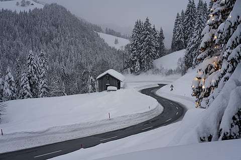 landskab, træ, plante, gran, abies, Schweiz, Schwägalp, sne, vinter, natur, transportmidler, udendørs, nåletræ, køretøj, gade, dæk, fyrretræ, boliger, bygning, hjul, maskine, kold temperatur, bjerg, skønhed i naturen, dækker, scenics - natur, hvid farve, ro, rolig scene, ingen mennesker, vej, dag, ikke-urbane scene, snedækket bjerg, ekstremt vejr, 4K, CC0, offentligt domæne, royaltyfrie