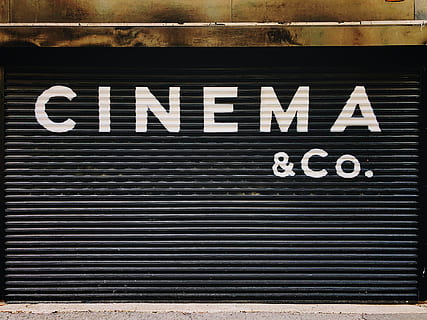 black, cinema, &, co., roller shutter, sign, text, script, wall, texture, old, wall - Building Feature, no People, information Sign, building Exterior, 4K, CC0, public domain, royalty free