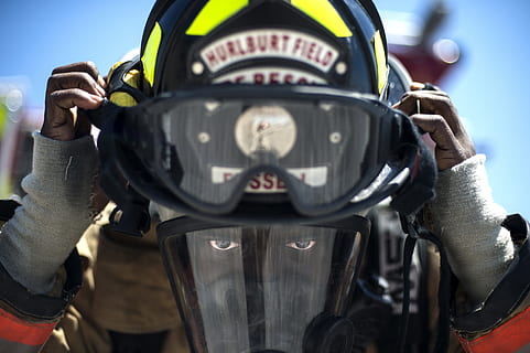 fire, fighter, firefighter, work, worker, suit, protection, helmet, one person, headwear, uniform, safety, security, authority, protective workwear, clothing, mode of transportation, portrait, men, adult, front view, transportation, communication, work helmet, protective mask - workwear, government, obscured face, crash helmet, 5K, CC0, public domain, royalty free
