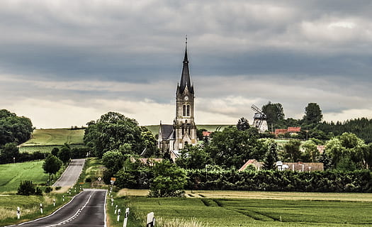 gray, castle, dim, sky, daytime, architecture, building, fields, grass, road, trees, windmill, cloud - sky, built structure, plant, building exterior, tree, nature, place of worship, religion, day, spirituality, transportation, belief, no people, tower, outdoors, spire, 4K, CC0, public domain, royalty free