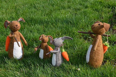 easter, hare, easter bunny, easter decoration, easter theme, grass, field, plant, land, nature, green color, no people, group of animals, day, representation, toy, animal themes, animal, animal representation, vertebrate, growth, outdoors, mammal, art and craft, sunlight, 4K, CC0, public domain, royalty free