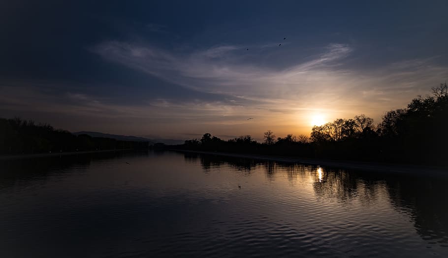 blå, himmel, mørk, Sky, solnedgang, trær, anlegg, innsjø, vann, sollys, refleksjon, silhouette, skjønnhet i naturen, naturskjønnhet - natur, ro, rolig scene, tre, sky - himmel, ingen folk, natur, ikke-urbane scene, vannkanten, idylliske, utendørs, refleksjon innsjø, 1080P