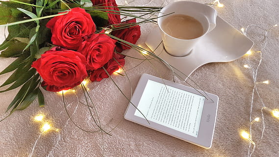 ebook, Leser, Rosen, Tasse, Kaffee, lesen, entzünden, Bücher, Tabelle, Blume, blühende Pflanze, Rose, kabellose Technologie, Pflanze, Becher, Technologie, High Angle View, Kommunikation, Verbindung, Computer, Kaffeetasse, Laptop, Schönheit in der Natur, Natur, Frische, Getränk, keine Leute, draußen, Blumenschmuck, Strauß, Tastatur, Blütenkopf, 5K, CC0, gemeinfrei, lizenzfrei