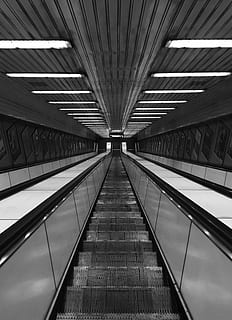 escala mecànica buida de color gris, arquitectura, estructura construïda, direcció, el camí a seguir, perspectiva decreixent, transport, a l'interior, barana, modern, cap gent, buit, comoditat, connexió, sostre, vista d’angle baix, tecnologia, metall, punt de fuga, patró, passarel·la en moviment, directament a sota, 2K, CC0, domini públic, lliure de regalies