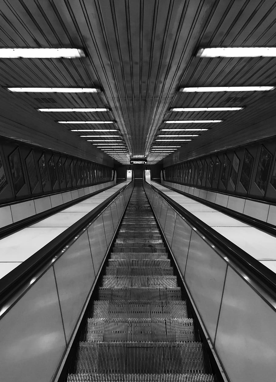 escala mecànica buida de color gris, arquitectura, estructura construïda, direcció, el camí a seguir, perspectiva decreixent, transport, a l'interior, barana, modern, cap gent, buit, comoditat, connexió, sostre, vista d’angle baix, tecnologia, metall, punt de fuga, patró, passarel·la en moviment, directament a sota, 2K