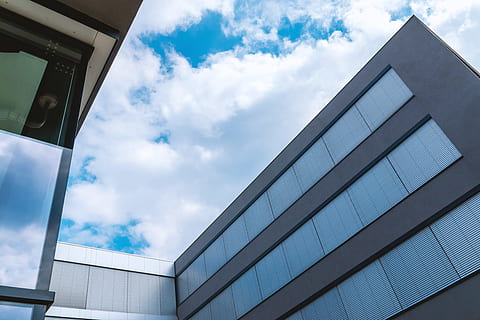 beautiful, sky, clouds, office center, cloud - sky, architecture, built structure, low angle view, building exterior, building, day, nature, no people, glass - material, city, modern, blue, outdoors, office building exterior, office, window, reflection, glass, 4K, CC0, public domain, royalty free