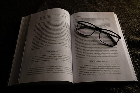 sheet, objects, object, study, learning, glasses, book, page, words, letters, publication, eyeglasses, paper, open, education, no people, text, still life, high angle view, communication, indoors, close-up, literature, table, expertise, personal accessory, textbook, 5K, CC0, public domain, royalty free