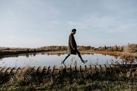man, walking, concrete, pavement, body, water, daylight, grass, jacket, landscape, male, model, person, side view, sky, trees, wear, full length, real people, young adult, one person, day, men, plant, lake, young men, nature, beauty in nature, casual clothing, lifestyles, males, leisure activity, outdoors, 5K, CC0, public domain, royalty free
