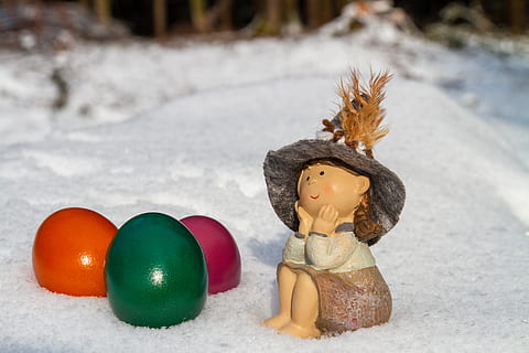 easter, egg, figure, easter eggs, colorful, colored, snow, nature, forest, funny, toy, representation, cold temperature, childhood, winter, child, human representation, hat, day, focus on foreground, stuffed toy, clothing, doll, outdoors, babyhood, innocence, 5K, CC0, public domain, royalty free