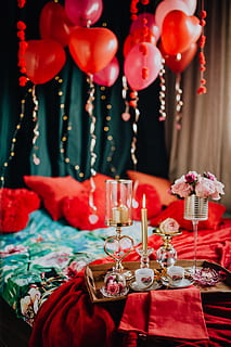 valentine, day breakfast, bed, lovely, breakfast, love, romantic, romance, red, bedding, brunch, candles, valentine's day, valentines, february, decoration, celebration, no people, indoors, holiday, christmas, table, event, christmas decoration, focus on foreground, lighting equipment, still life, arrangement, close-up, textile, flower, star shape, christmas ornament, festival, 5K, CC0, public domain, royalty free