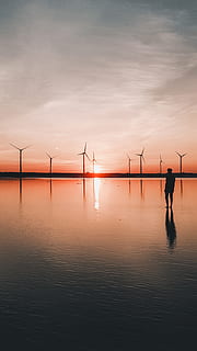 machine, human, person, engine, motor, turbine, wind turbine, boy, wetland, skies, landscape, reflection, taiwan, shadows, silhouette, sunset, water, orange, teal, windmills, sky, beauty in nature, orange color, fuel and power generation, environmental conservation, renewable energy, nature, alternative energy, scenics - nature, wind power, waterfront, environment, cloud - sky, outdoors, 2K, CC0, public domain, royalty free