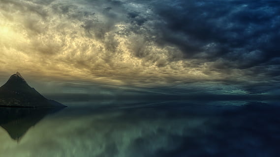 sunset, ocean, island, mountain, clouds, dramatic, sea, water, sky, nature, dusk, evening, autumn, reflection, lake, rest, twilight, mood, atmospheric, mirroring, mystical, magic, cloud - sky, beauty in nature, scenics - nature, no people, tranquil scene, tranquility, waterfront, dramatic sky, idyllic, storm, horizon over water, outdoors, ominous, 5K