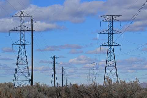 gray electric posts, clouds, current, danger, electrical, electricity, energy, environment, high, high voltage, industry, low angle shot, pollution, power lines, pylon, sky, steel, supply, technology, tower, transmission, voltage, wire, electricity pylon, power line, power supply, cable, connection, cloud - sky, fuel and power generation, nature, no people, low angle view, tall - high, day, land, outdoors, plant, field, communication, complexity, global communications, electrical equipment, 4K, CC0, public domain, royalty free