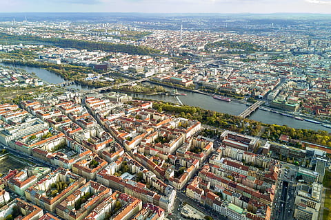 amazing, view, historic, city, prague., aerial, view., building exterior, architecture, cityscape, built structure, aerial view, building, nature, day, sky, high angle view, no people, water, outdoors, residential district, transportation, river, city life, 4K, CC0, public domain, royalty free