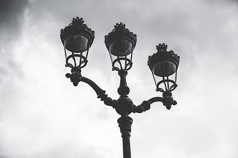 france, dramatic, sky, clouds, city, latern, electricity, high contrast, noise, black and white, lighting equipment, street light, low angle view, street, cloud - sky, nature, day, no people, outdoors, retro styled, antique, gas light, electric lamp, electric light, light, tree, illuminated, old, ornate, 5K, CC0, public domain, royalty free