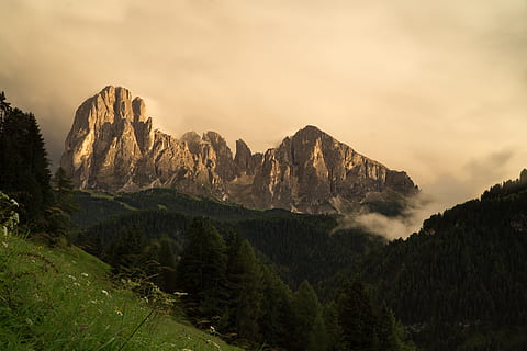 Italia, Ortisei, foresta, pietra, montagne, Alpi, dolomiti, nuvole, cielo, lunatico, nuvoloso, alberi, verde, erba, fiori, grigio, prato, prateria, collina, montagna, scenics - natura, bellezza nella natura, ambiente, catena montuosa, paesaggio, natura, scena non urbana, pianta, scena tranquilla, terra, nuvola - cielo, roccia, la tranquillità, nessuno, albero, tramonto, roccia - oggetto, all'aperto, picco di montagna, Pino, formazione, albero di conifere, 5K, CC0, dominio pubblico, privo di copyright