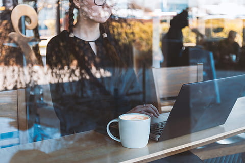 girl, studying, laptop, bar, window, wireless technology, food and drink, cup, table, coffee cup, drink, mug, coffee, coffee - drink, business, technology, real people, computer, communication, cafe, reflection, focus on foreground, refreshment, restaurant, using laptop, 4K, CC0, public domain, royalty free