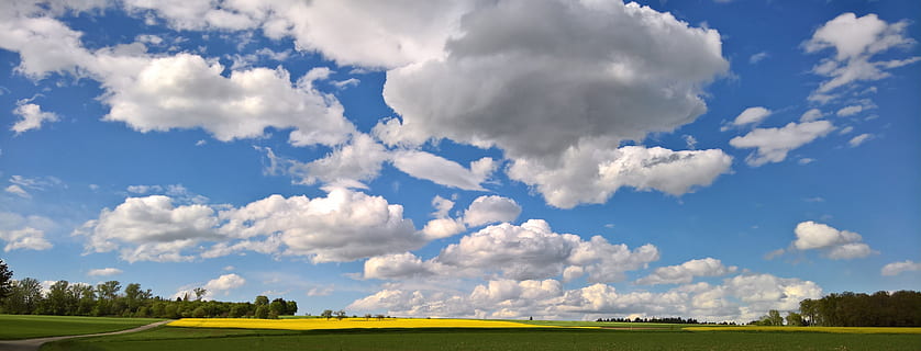 primavera, nuvole, cielo, panorama, umore, blu, cielo appannato, nuvola - cielo, ambiente, paesaggio, bellezza nella natura, erba, pianta, natura, campo, giorno, nessuno, terra, scenics - natura, scena rurale, scena tranquilla, orizzonte sopra terra, la tranquillità, colore verde, agricoltura, 5K, CC0, dominio pubblico, privo di copyright