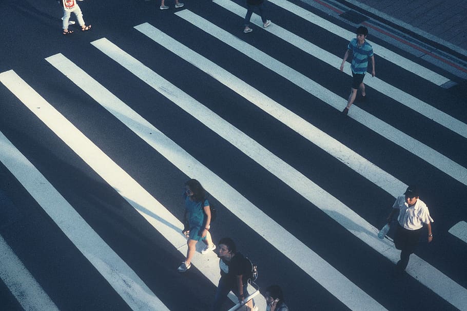 flim, llum, gent, carretera, ombra, grup de persones, ciutat, marcatge de carreteres, passeig, caminar, pas de zebra, creuar, carrer, arquitectura, símbol, transport, signe, vida de ciutat, vista d’angle alt, marcatge, dones, adult, homes, carrer de la ciutat, a l'aire lliure, 4K