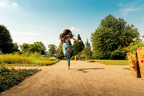 happy, young, girl jump, park, summer, tree, plant, full length, women, leisure activity, sky, casual clothing, lifestyles, females, adult, two people, nature, emotion, togetherness, real people, rear view, people, motion, child, day, positive emotion, outdoors, 4K, CC0, public domain, royalty free