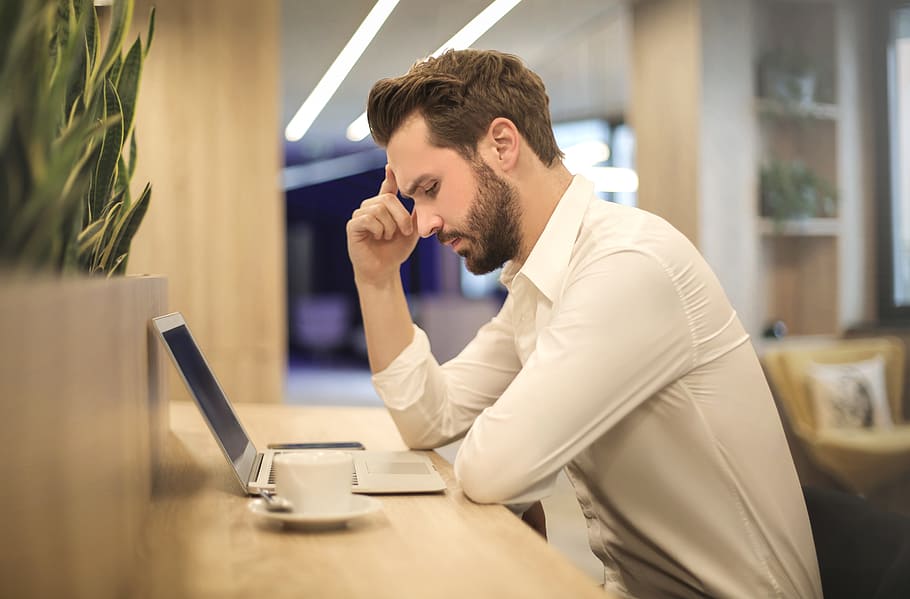 man, deep, concentration, work, business, office, beard, thoughtful, think, plant, people, technology, computer, business person, wireless technology, businessman, working, young adult, communication, one person, occupation, young men, sitting, connection, laptop, professional occupation, corporate business, businesswear, indoors, using laptop, formal businesswear, new business, 5K