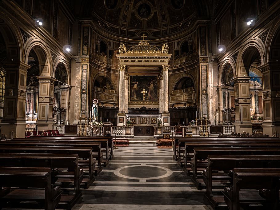 arquitectura, edifici, estructura, cadires, altar, creu, mare, mary, catòlic, Església, catedral, interior, seient, religió, pew, creença, espiritualitat, lloc de culte, estructura construïda, buit, a l'interior, banc, cap gent, arc, en fila, passadís, columna arquitectònica, ornamentat, etapa, 4K