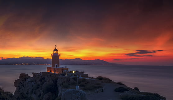 švyturys, saulėlydis, šviesos, dangus, jūros, vandenynas, vanduo, kraštovaizdį, šviesa, pobūdį, papludimys, debesys, susiliejimas, Twilight, pakrantėje, vakare, atmosferos, nuotaika, saulė, horizonto, romantika, spalvinga, Graikija, gražus, nuostabi, architektūra, pastatyta struktūra, bokštas, pastatas, pastato išorė, žemės, debesis - dangus, rekomendacijas, oranžinė spalva, kelionės tikslai, vaizdai - gamta, kryptis, horizontas virš vandens, nėra žmonių, lauke, 4K, CC0, Viešasis domenas, nemokamai