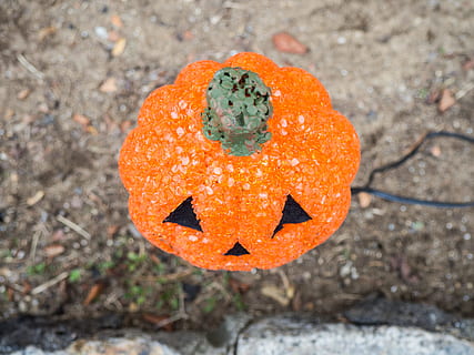 halloween, jack, o’, ’ lantern light, Fall, Holidays, Macro, Objects, ground, holiday, light, overhead, plastic, pumpkin, orange color, food, food and drink, no people, creativity, close-up, art and craft, anthropomorphic face, craft, focus on foreground, anthropomorphic, day, high angle view, face, nature, outdoors, land, directly above, orange, 4K, CC0, public domain, royalty free