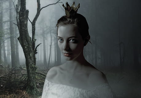 fantasía, gótico, oscuro, profundo, bosque oscuro y profundo, retrato, retrato de fantasía, mujer, hembra, joven, belleza, modelo, corona, pequeña corona, vestido blanco, oscuridad, misterio, misterioso, dama, otoño, adulto joven, mujer joven, árbol, una persona, bosque, planta, mirando a la cámara, vista frontal, actividad de ocio, mujer hermosa, gente real, tierra, adulto, estilos de vida, Moda, peinado, compuesto digital, 2K, CC0, dominio público, libre de derechos