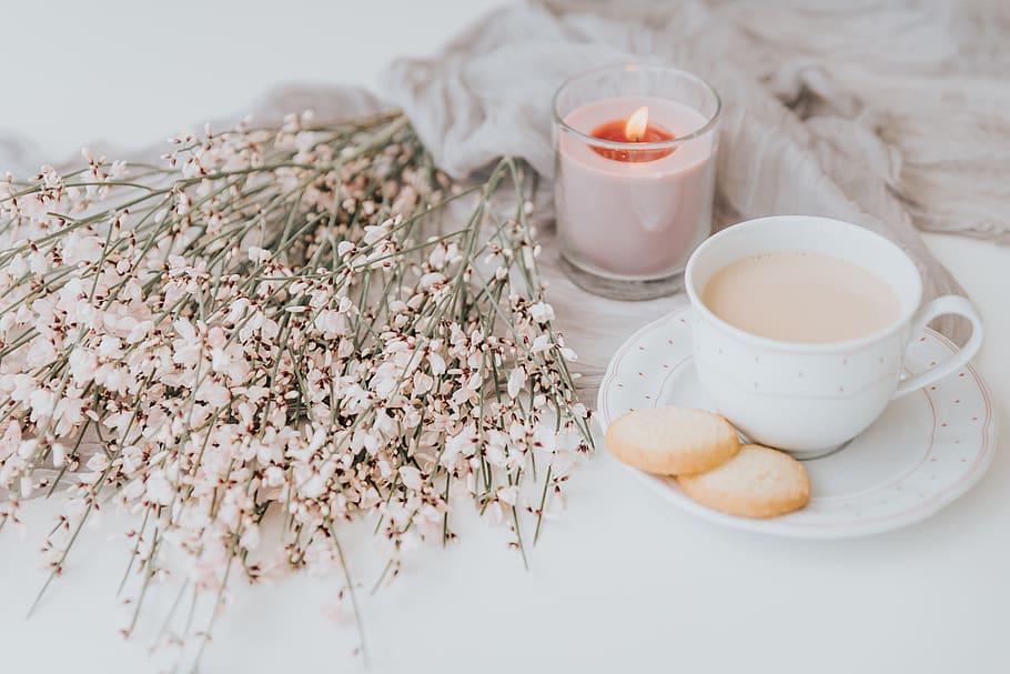 hvid, keramisk, kop, bord, lys, plante, keramik, underkop, konfekture, søde sager, mad, drikke, drik, kaffekop, te, spa, bageri, butik, dessert, fløde, creme, krukke, vase, mad og drikke, friskhed, indendørs, stilleben, forfriskning, krus, velvære, høj vinkel visning, ingen mennesker, te - varm drikke, fokus på forgrunden, varm drikke, tæt på, sund kost, måltid, morgenmad, porcelæn, te kop, 5K