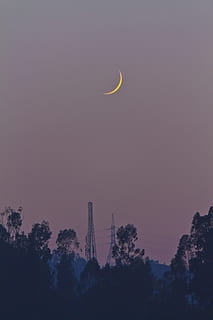 Luna crescente, notte, retroilluminato, mezzaluna, sera, paesaggio, Luna, natura, panoramico, cielo, tramonto, torre di trasmissione, alberi, albero, bellezza nella natura, pianta, spazio, scenics - natura, Inquadratura dal basso, nessuno, silhouette, astronomia, cielo sereno, architettura, crepuscolo, copia spazio, struttura costruita, all'aperto, luna planetaria, eclisse, 4K, CC0, dominio pubblico, privo di copyright